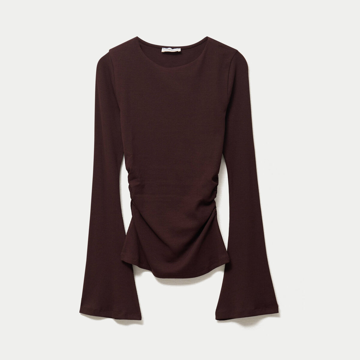 T-shirt ajust&eacute; col rond manches longues marron fonc&eacute; femme