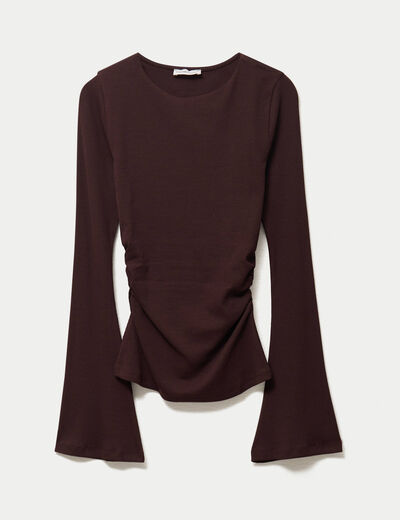 T-shirt ajust&eacute; col rond manches longues marron fonc&eacute; femme