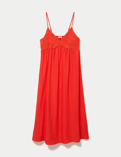Robe bi-mati&egrave;re col v bretelles fines orange fonc&eacute; femme
