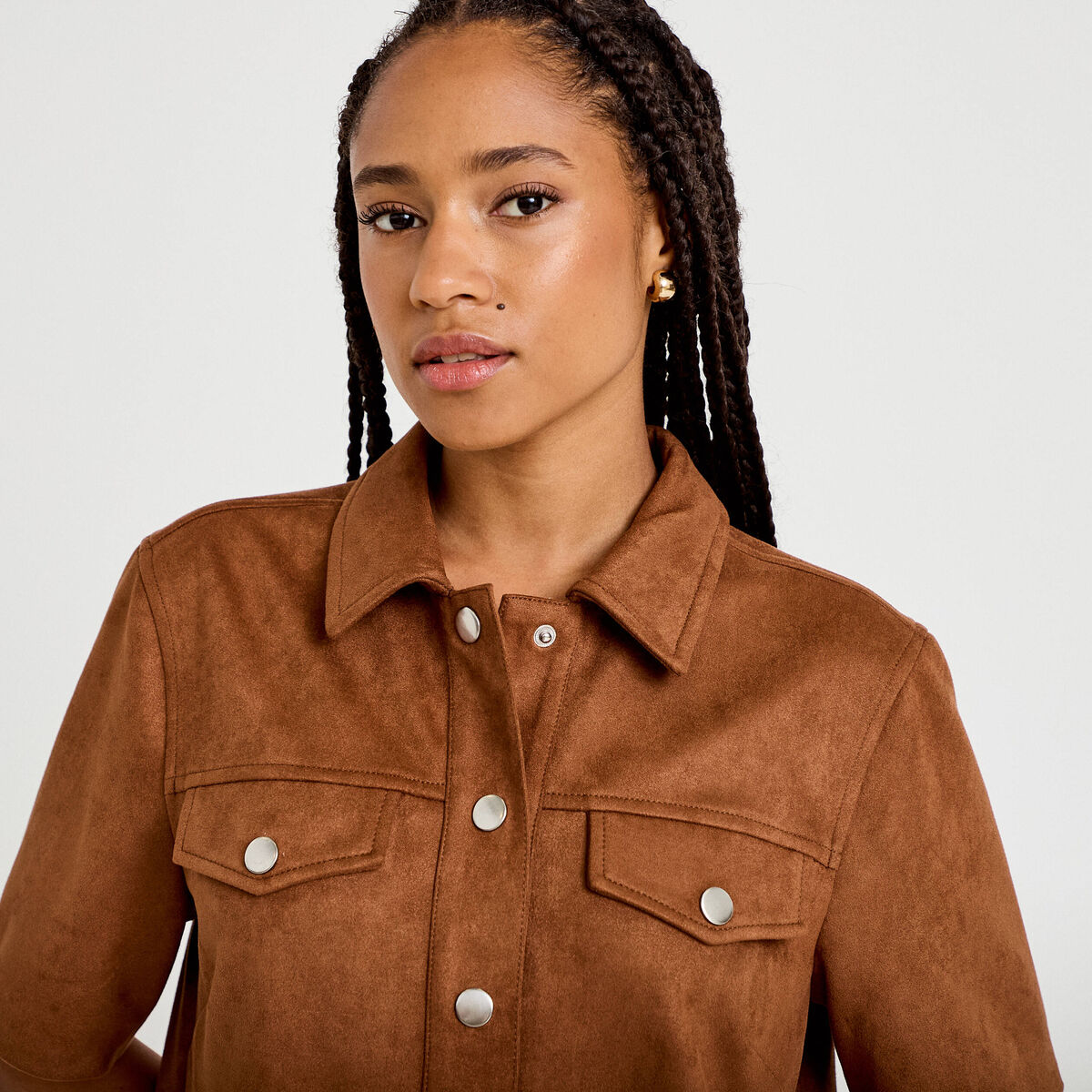 Robe droite 3/4 manches courtes daim marron femme