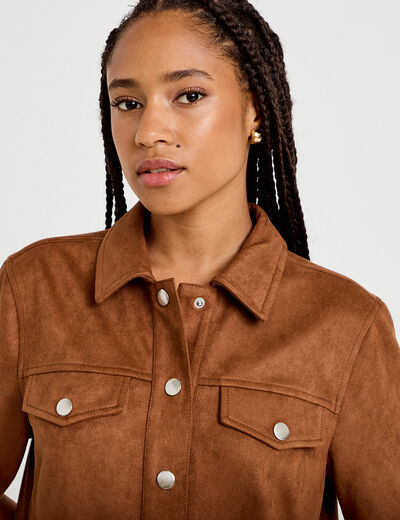 Robe droite 3/4 manches courtes daim marron femme