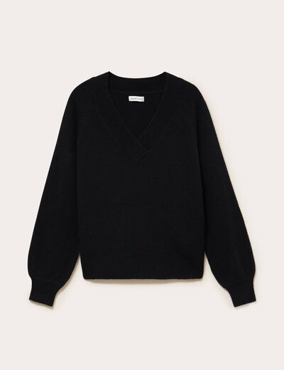 Pull col v manches longues noir femme