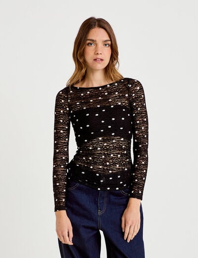 Top dentelle pliss&eacute; col bateau noir femme