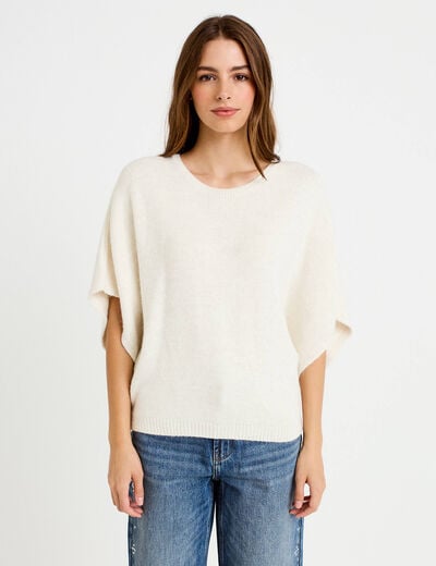 Pull oversize col rond manches courtes ecru femme