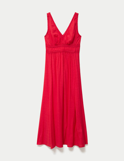 Robe longue &eacute;vas&eacute;e col v sans manches rouge femme