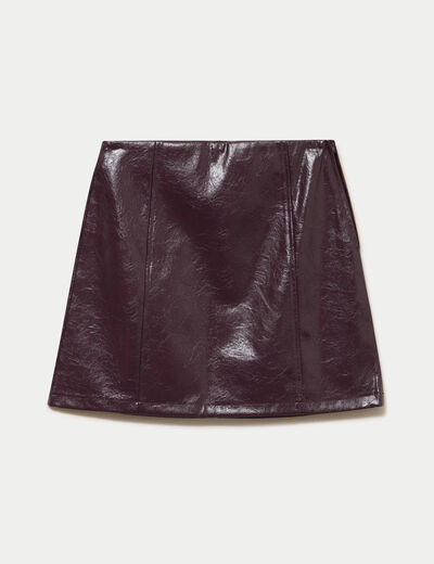 Jupe droite courte en similicuir violet fonc&eacute; femme