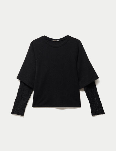 Top bi-mati&egrave;re dentelle col rond noir femme