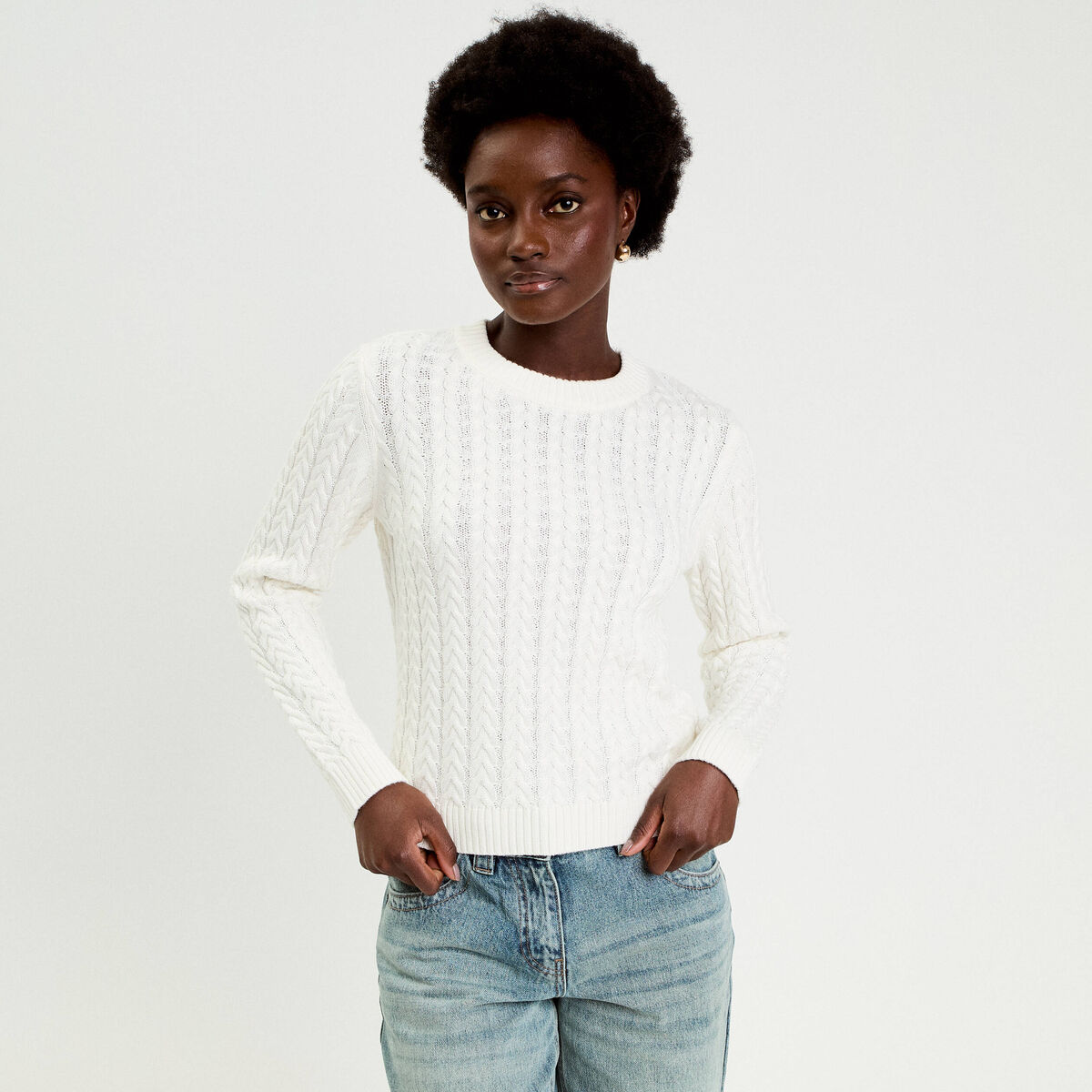 Pull torsad&eacute; ecru femme