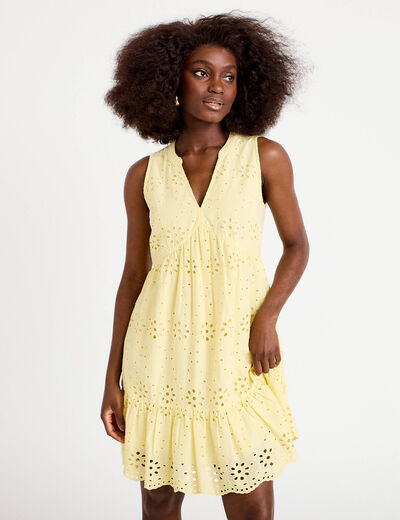 Robe courte &eacute;vas&eacute;e col v sans manches jaune clair femme