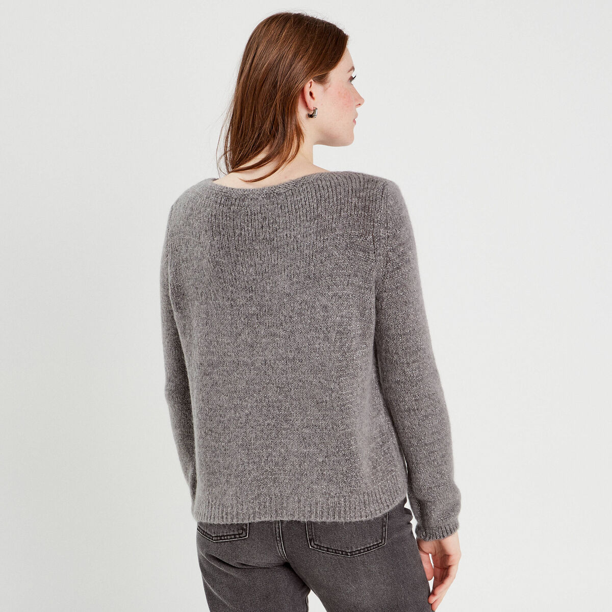 Pull fils m&eacute;tallis&eacute;s col bateau gris fonc&eacute; femme