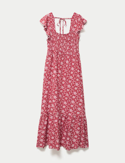 Robe longue &eacute;vas&eacute;e smock&eacute;e rouge femme