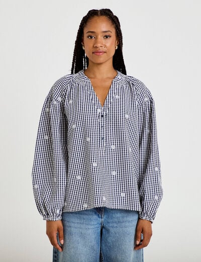 Blouse vichy brod&eacute;e bleu femme