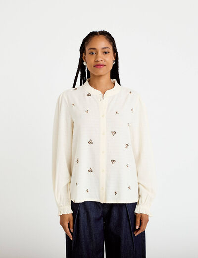 Blouse droite courte col v broderie ivoire femme