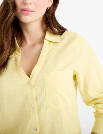 Chemise lin col V manches longues jaune pastel femme