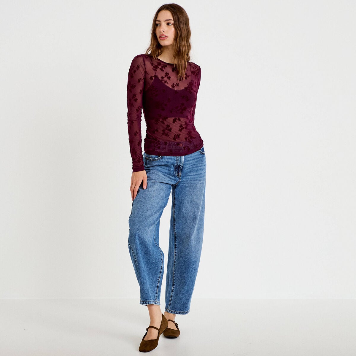 T-shirt ajust&eacute; manches longues prune femme