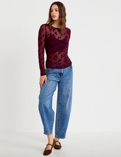 T-shirt ajust&eacute; manches longues prune femme