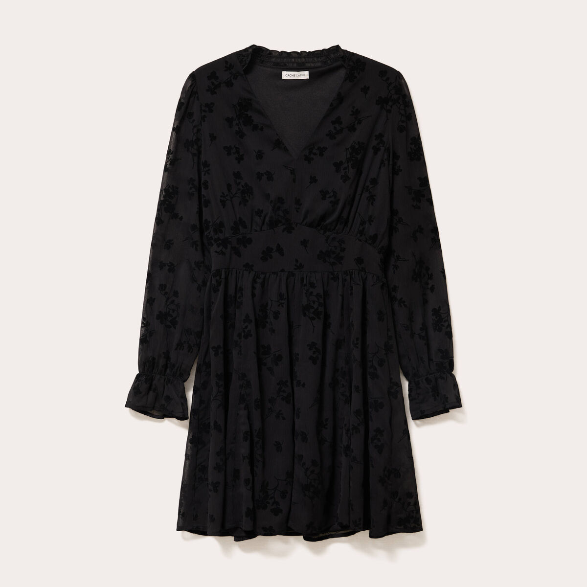 Robe courte &eacute;vas&eacute;e col v manches longues noir femme
