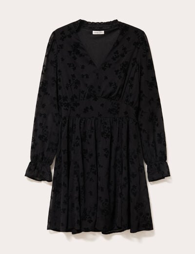Robe courte &eacute;vas&eacute;e col v manches longues noir femme