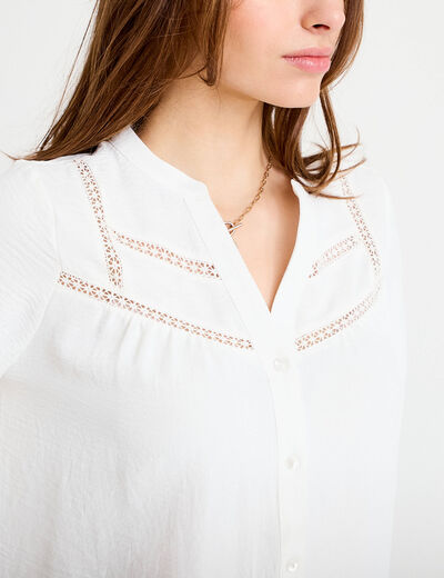 Blouse ajour&eacute;e col v manches longues ecru femme