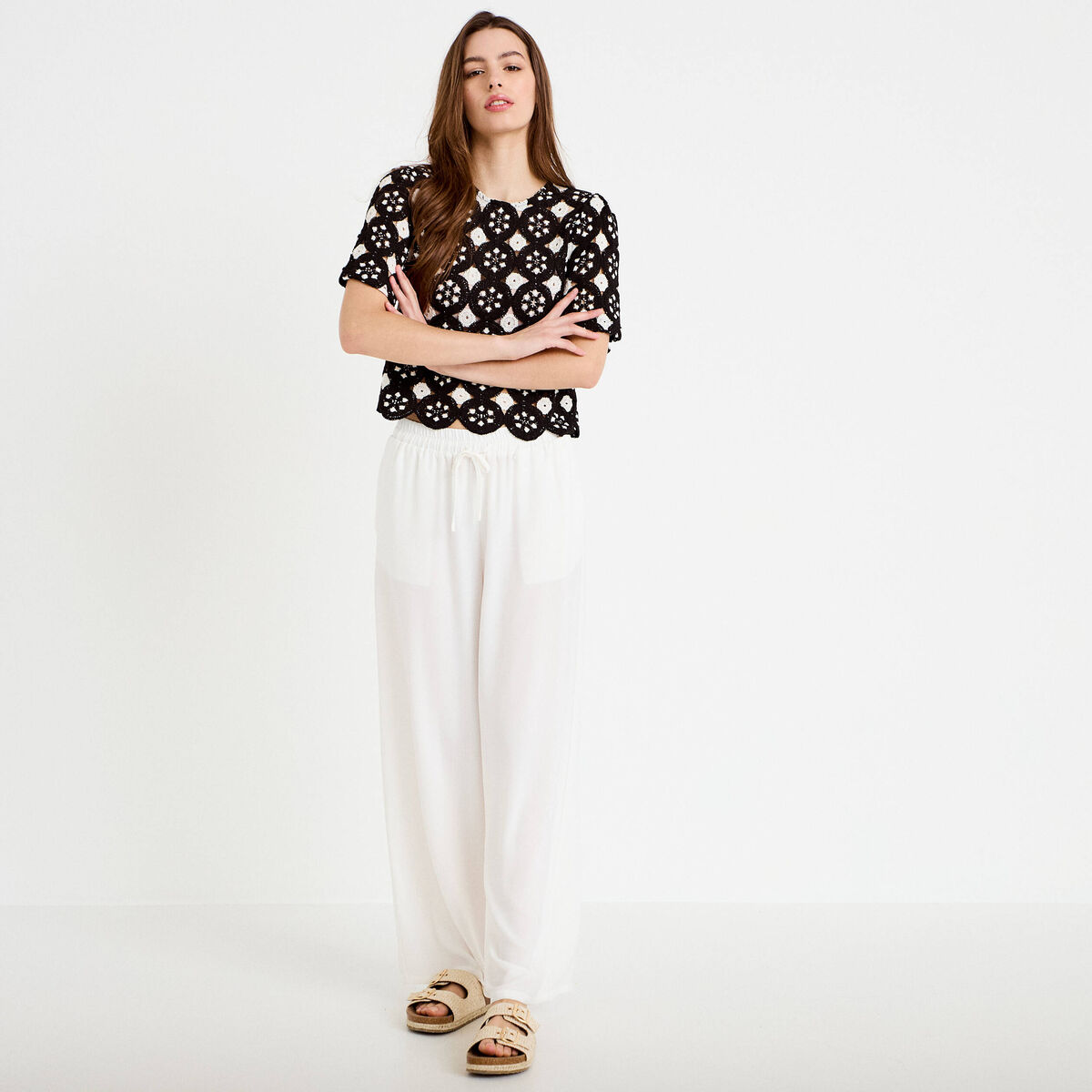 T-shirt manches courtes aspect dentelle ecru femme