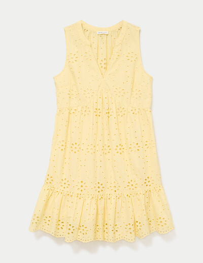 Robe courte &eacute;vas&eacute;e col v sans manches jaune clair femme