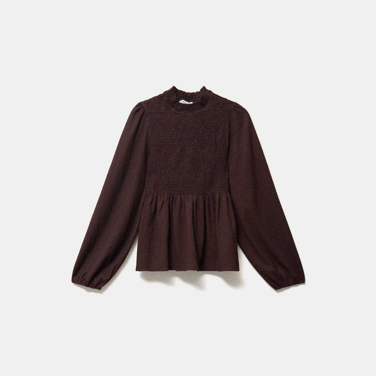Blouse droite manches longues pliss&eacute;e marron fonc&eacute; femme