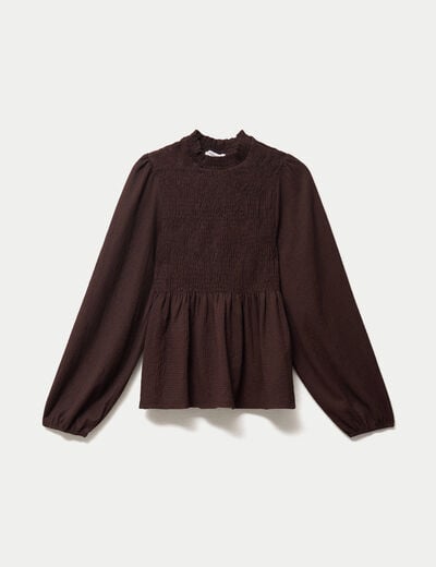 Blouse droite manches longues pliss&eacute;e marron fonc&eacute; femme