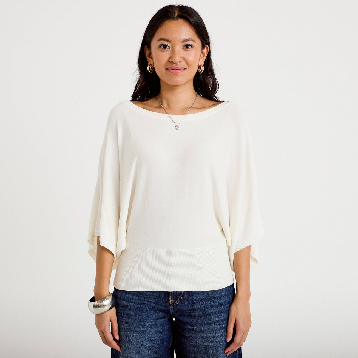 Pull ample manches courtes col rond ecru femme