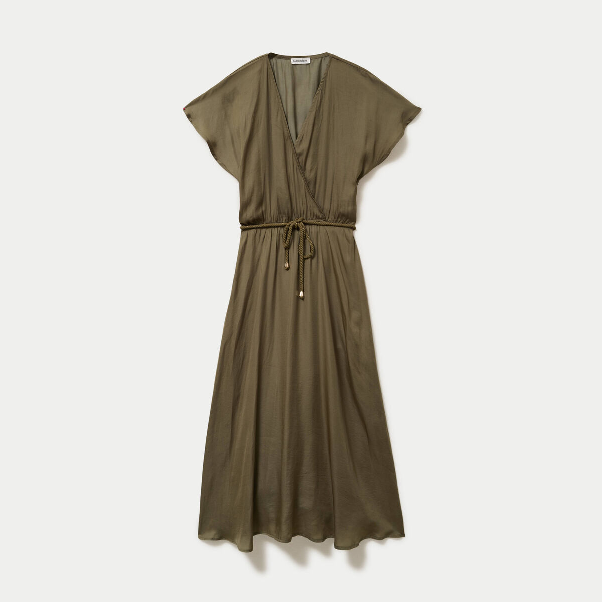 Robe longue &eacute;vas&eacute;e col v satin&eacute;e vert kaki femme