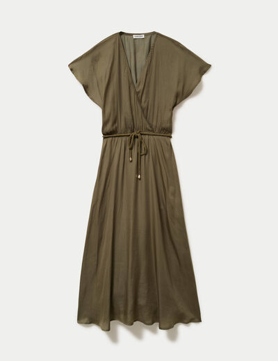 Robe longue &eacute;vas&eacute;e col v satin&eacute;e vert kaki femme