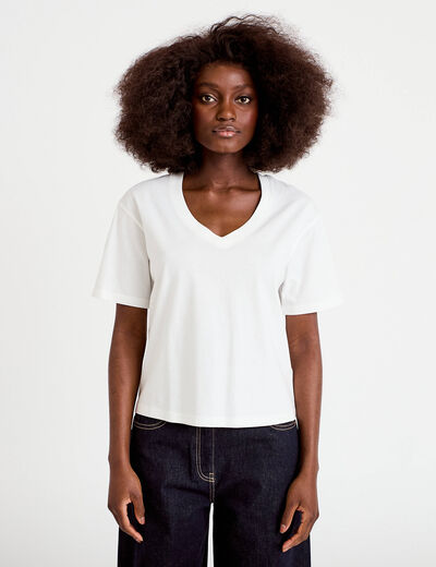 T-shirt col v manches courtes ecru femme