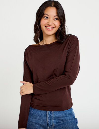 T-shirt col bateau manches longues marron fonc&eacute; femme