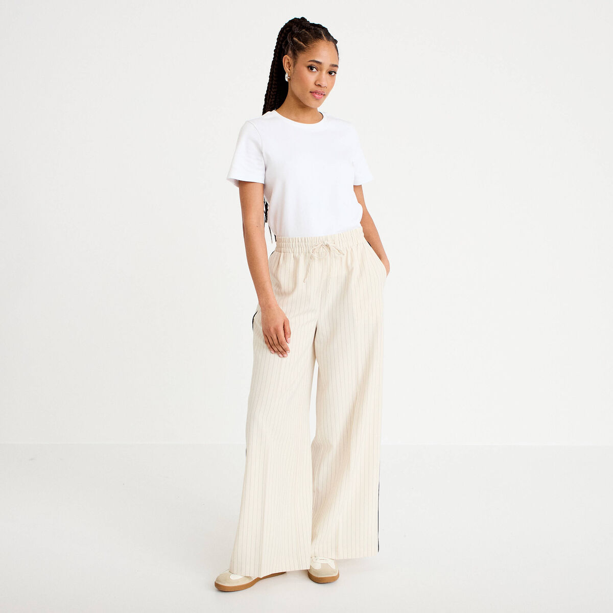 Pantalon large taille &eacute;lastiqu&eacute;e blanc femme
