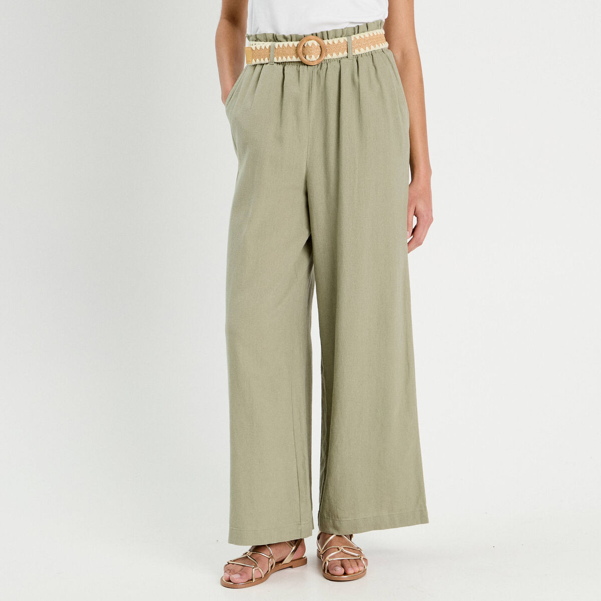 Pantalon large ceintur&eacute; contenant du lin vert kaki femme
