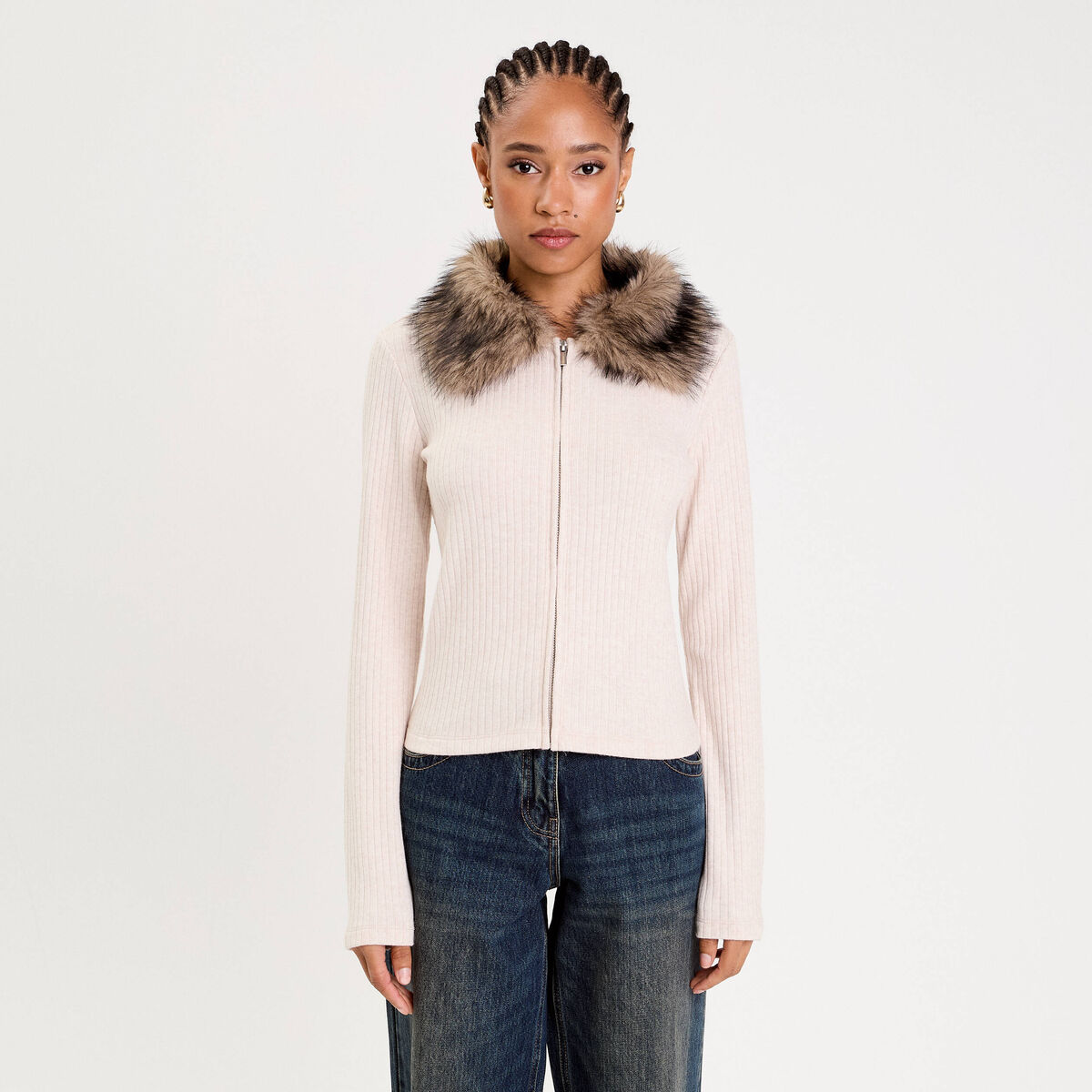 Gilet col fausse fourrure sable femme