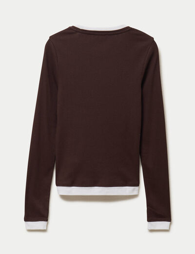 T-shirt 2-en-1 col rond manches longues marron fonc&eacute; femme