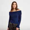 T-shirt col bardot brillant bleu fonc&eacute; femme