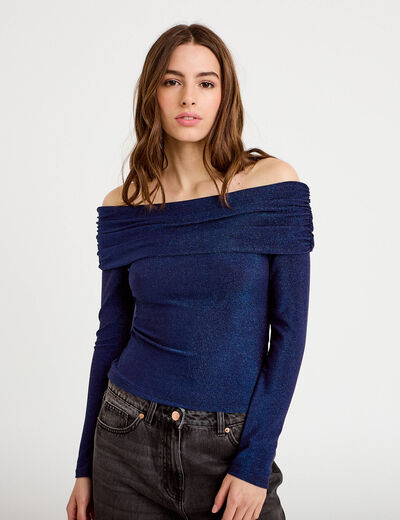 T-shirt col bardot brillant bleu fonc&eacute; femme