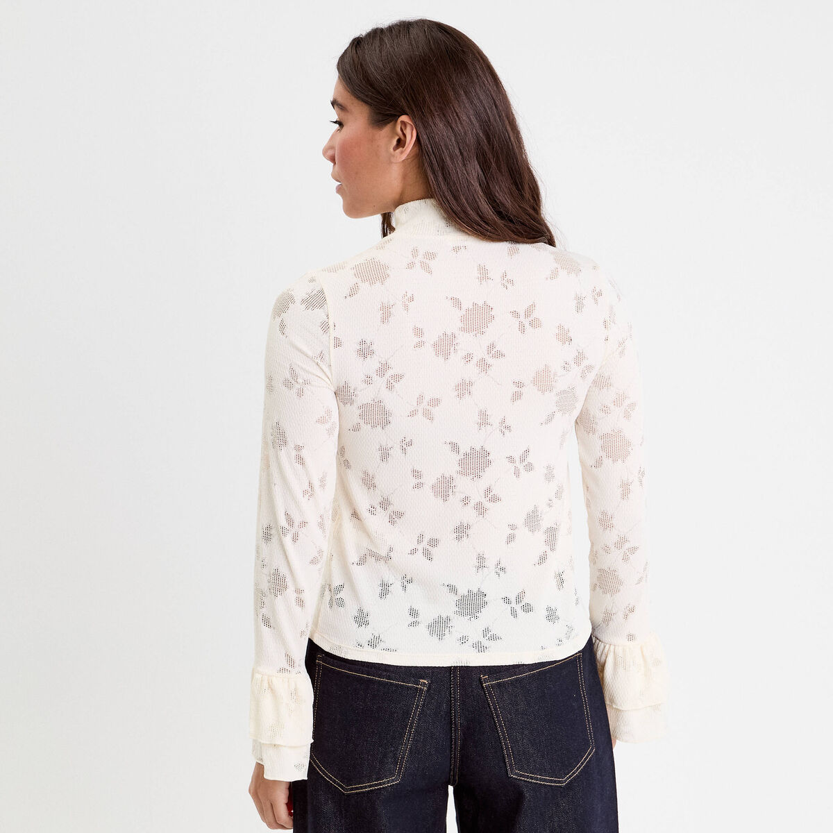 Blouse ajour&eacute;e col montant dentelle ivoire femme