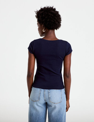 T-shirt ajust&eacute; col v manches courtes bleu marine femme