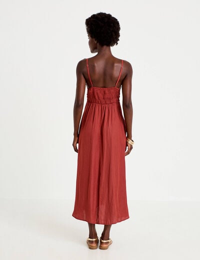 Robe longue &eacute;vas&eacute;e col v satin&eacute;e vieux rose femme