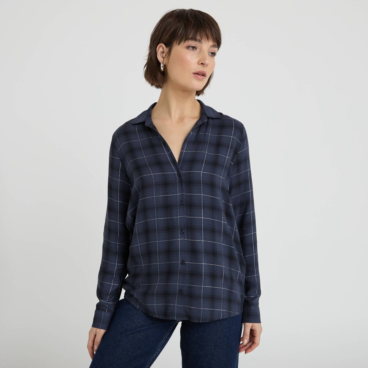 Chemise &agrave; carreaux fils m&eacute;tallis&eacute;s bleu fonc&eacute; femme