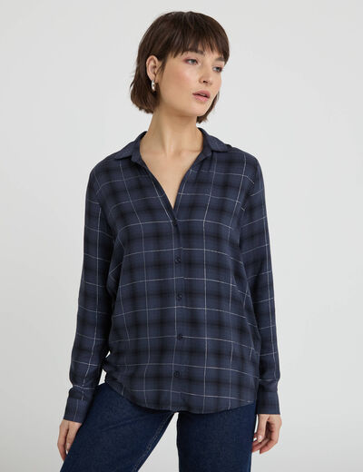 Chemise &agrave; carreaux fils m&eacute;tallis&eacute;s bleu fonc&eacute; femme