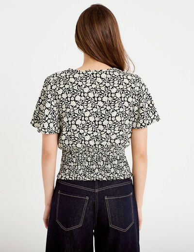 Blouse cintr&eacute;e cropped manches courtes noir femme