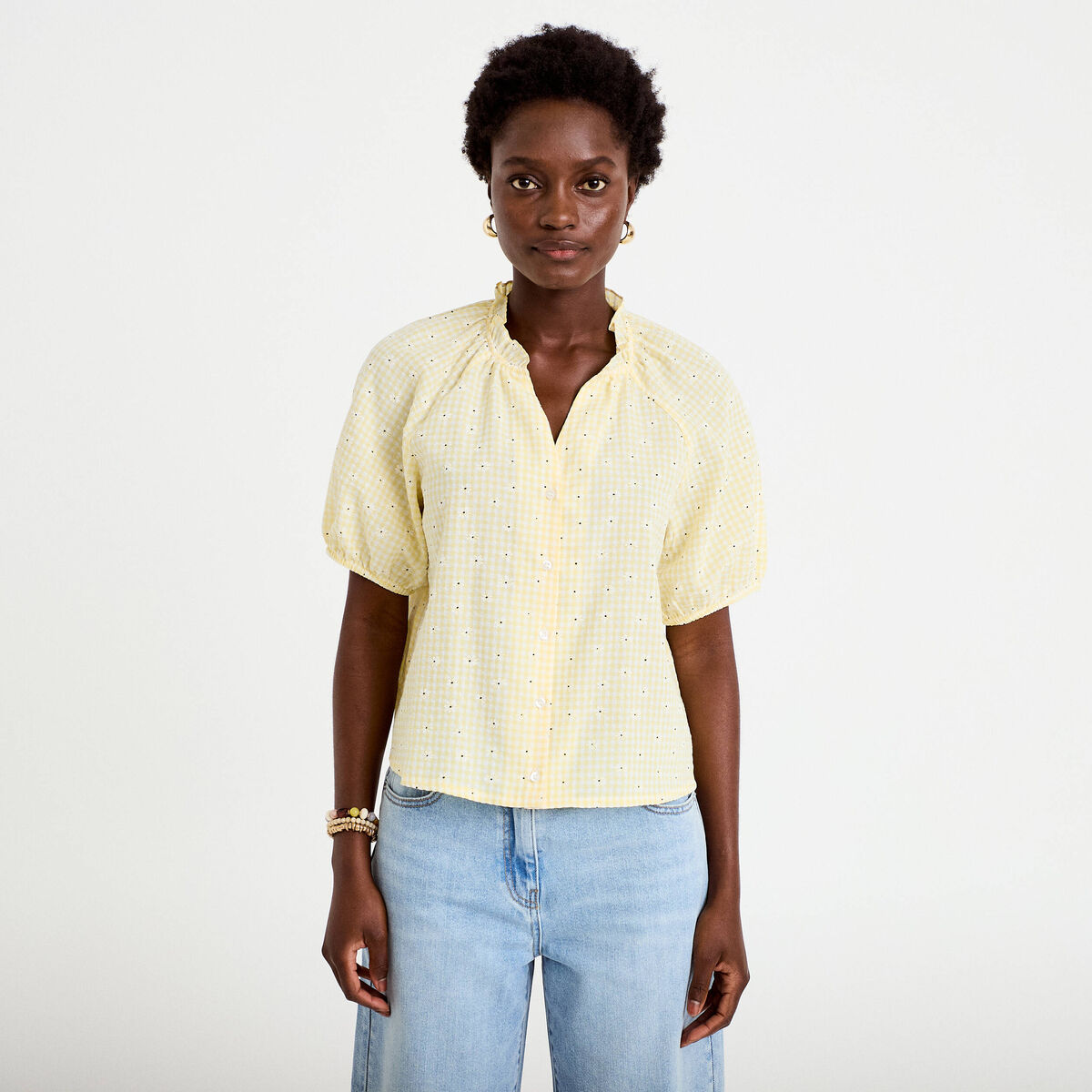 Blouse droite col v manches courtes jaune clair femme