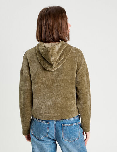 Sweat &agrave; capuche vert kaki femme