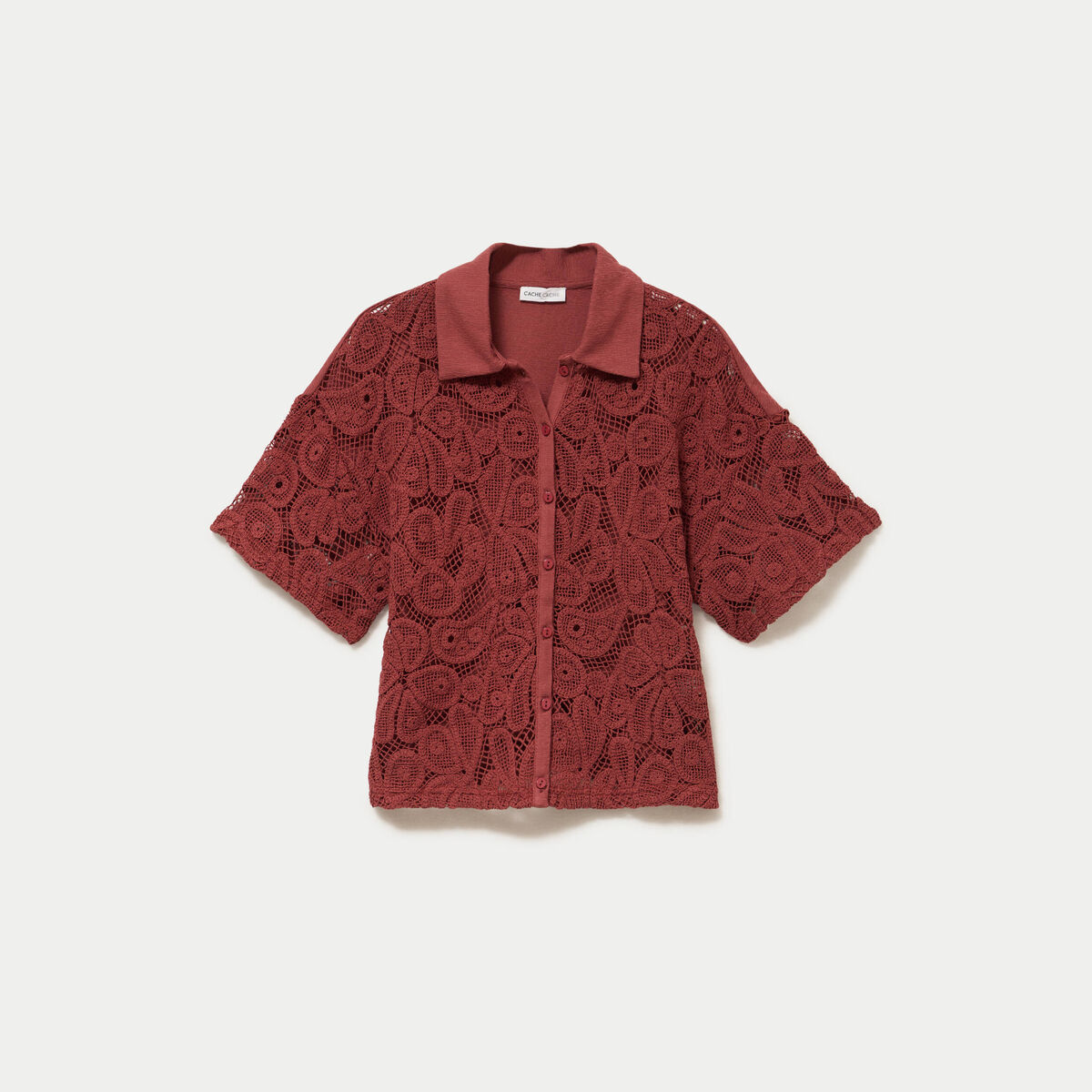 Chemise macram&eacute; manches courtes vieux rose femme