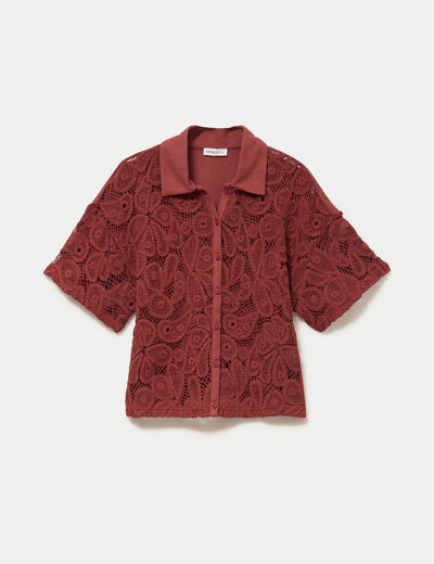 Chemise macram&eacute; manches courtes vieux rose femme