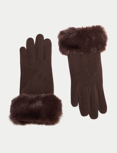 Gants fausse fourrure marron fonc&eacute; femme