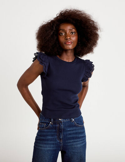 D&eacute;bardeur volants brod&eacute;s bleu marine femme